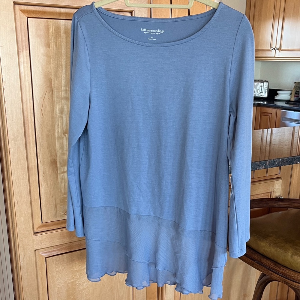 Soft Surroundings Dusty Blue Tunic Top Ruffled Asymmetrical Hem Size M